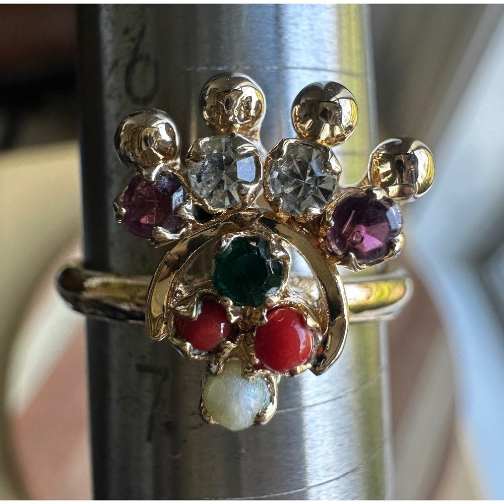 Vintage Crown Cluster Accent Ring Size 6.75 Faceted Glass Stones Gold‎ Plated